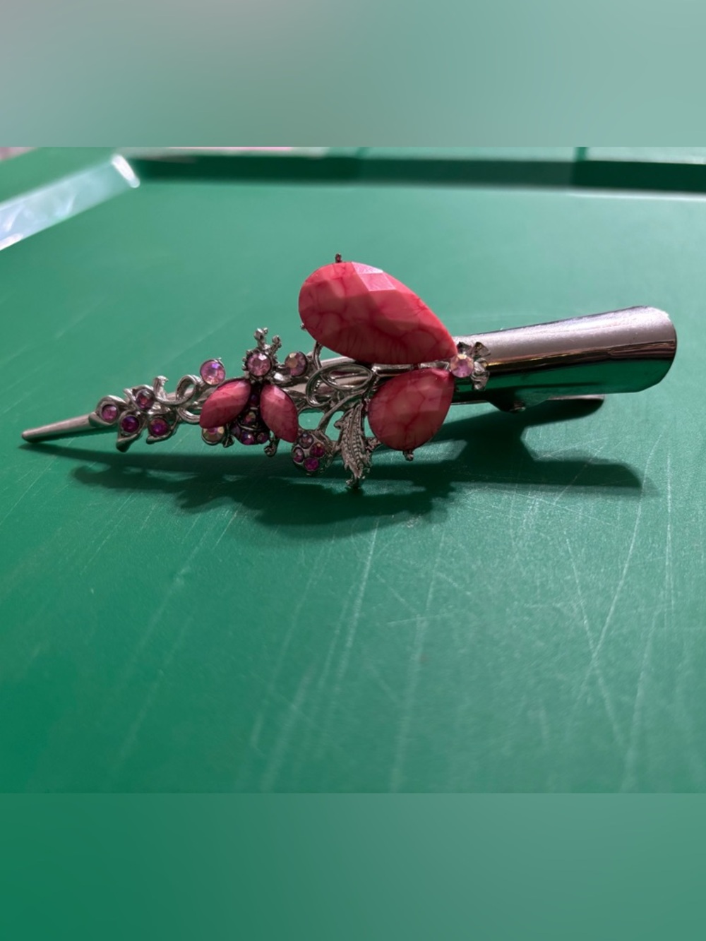 vintage alligator hair clip floral silver-tone with pink stones & rhinestones.